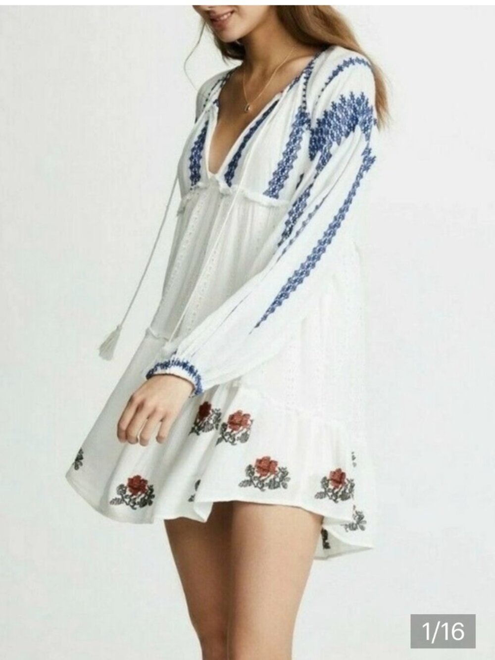 Free People Wild Horses Embroidered Mini Dress Medium White Blue Boho